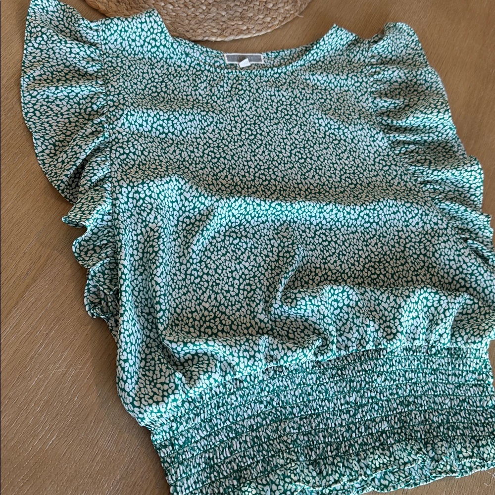 Pleione Mint Green Dotted Ruffle Sleeve Blouse